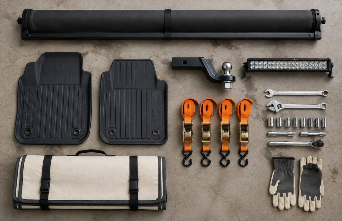 Truck accessories laid out on a garage floor: bed cover, hitch, light bar, floor mats, straps and tools